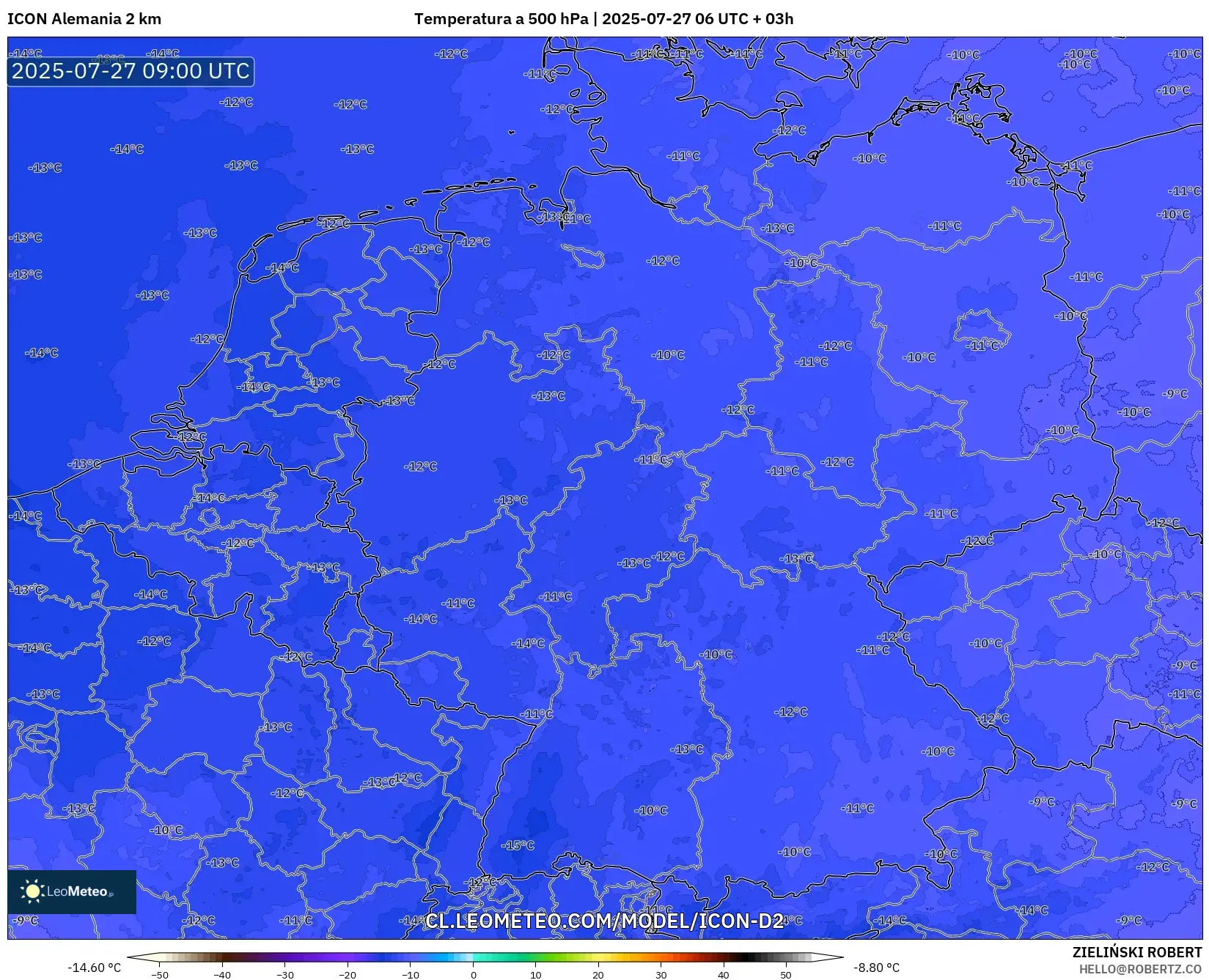 ICON Alemania 2 km model - Alemania, Temperatura a 500 hPa ICON Alemania 2 km model - Alemania, Temperatura a 500 hPa
