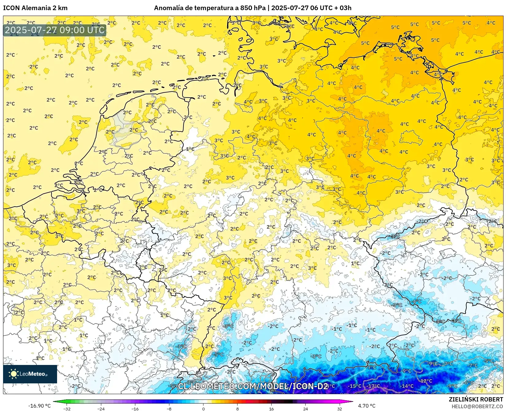 ICON Alemania 2 km model - Alemania, Anomalía de temperatura a 850 hPa ICON Alemania 2 km model - Alemania, Anomalía de temperatura a 850 hPa