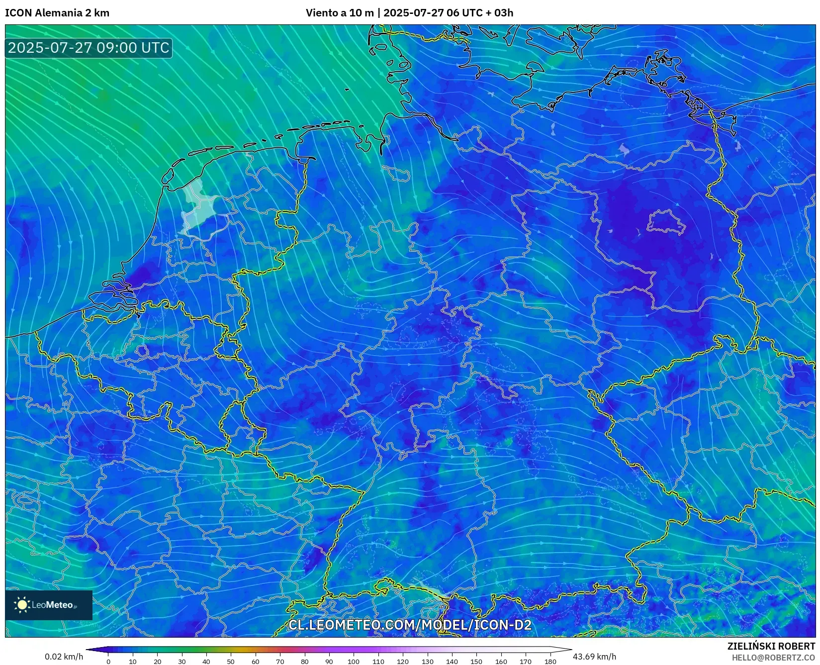 ICON Alemania 2 km model - Alemania, Viento a 10 m ICON Alemania 2 km model - Alemania, Viento a 10 m