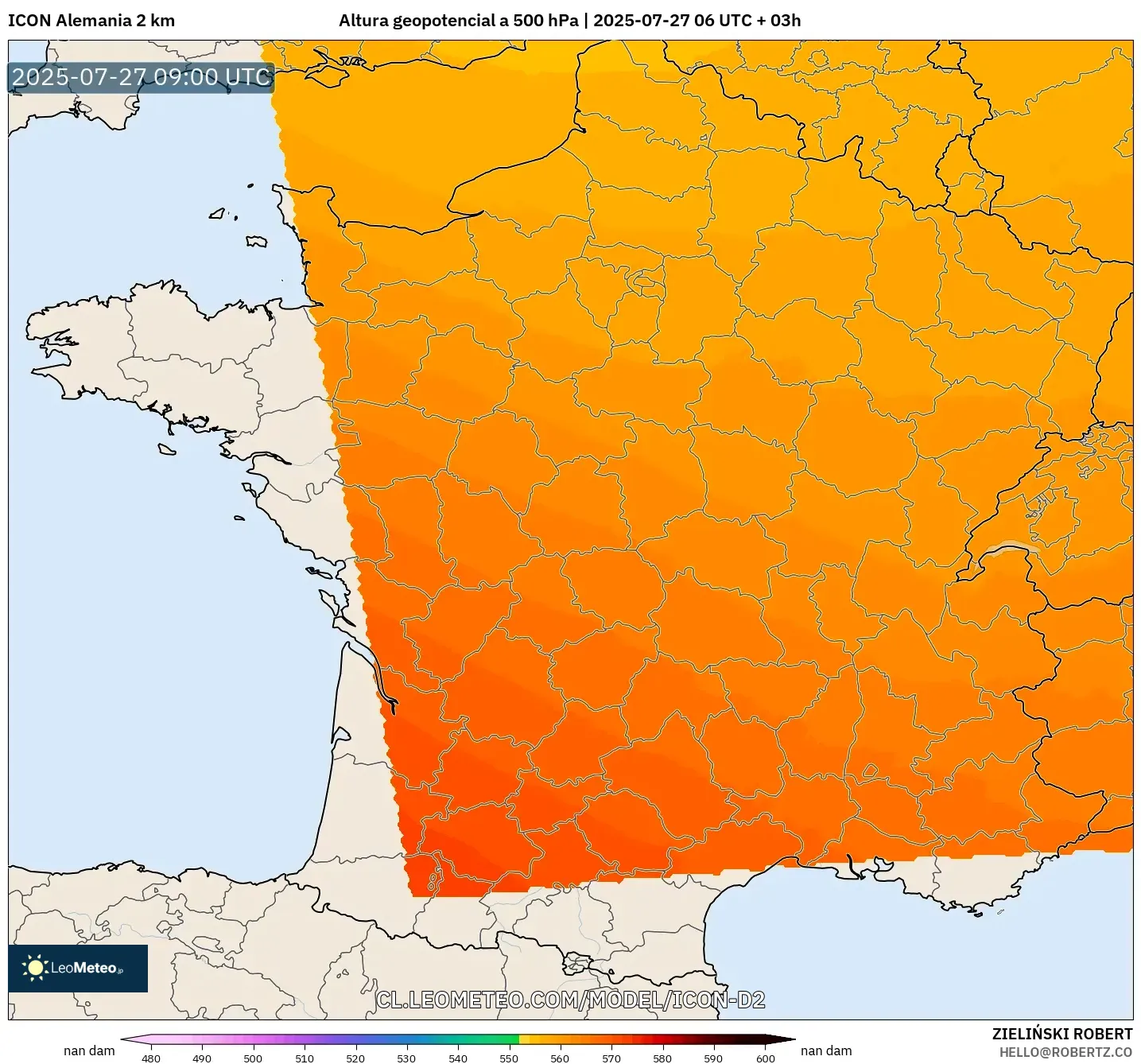 ICON Alemania 2 km model - Francia, Altura geopotencial a 500 hPa ICON Alemania 2 km model - Francia, Altura geopotencial a 500 hPa
