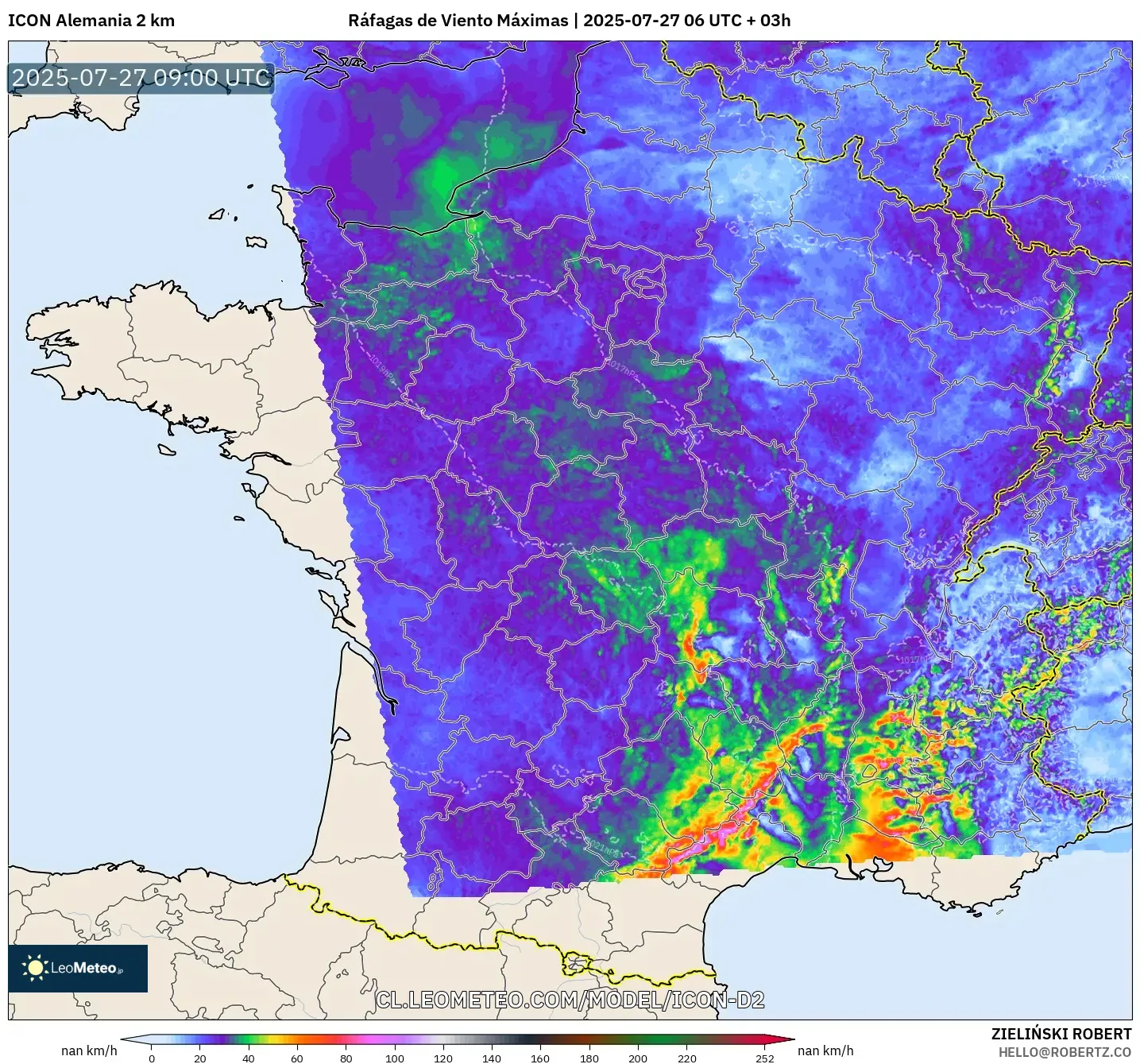 ICON Alemania 2 km model - Francia, Ráfagas de Viento Máximas ICON Alemania 2 km model - Francia, Ráfagas de Viento Máximas