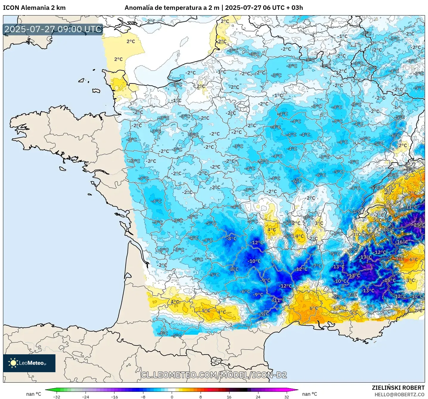 ICON Alemania 2 km model - Francia, Anomalía de temperatura a 2 m ICON Alemania 2 km model - Francia, Anomalía de temperatura a 2 m