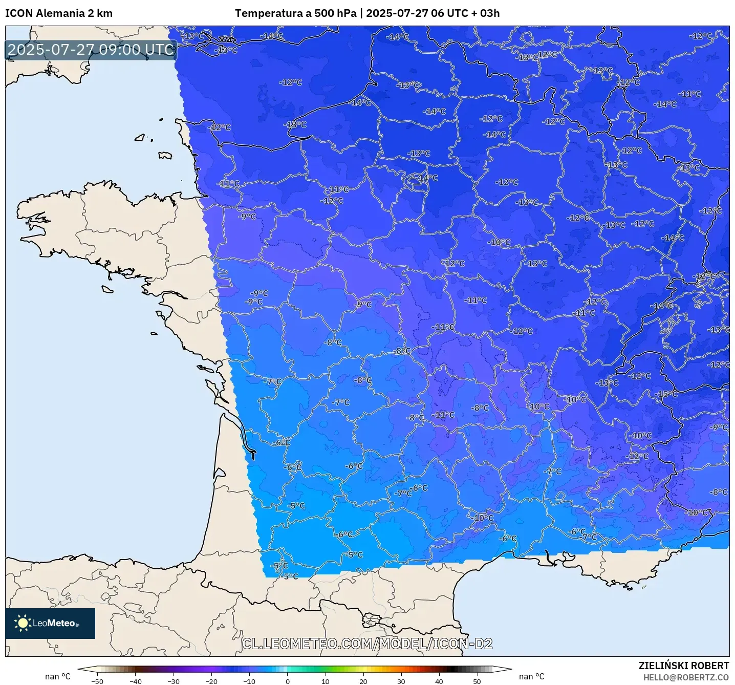 ICON Alemania 2 km model - Francia, Temperatura a 500 hPa ICON Alemania 2 km model - Francia, Temperatura a 500 hPa