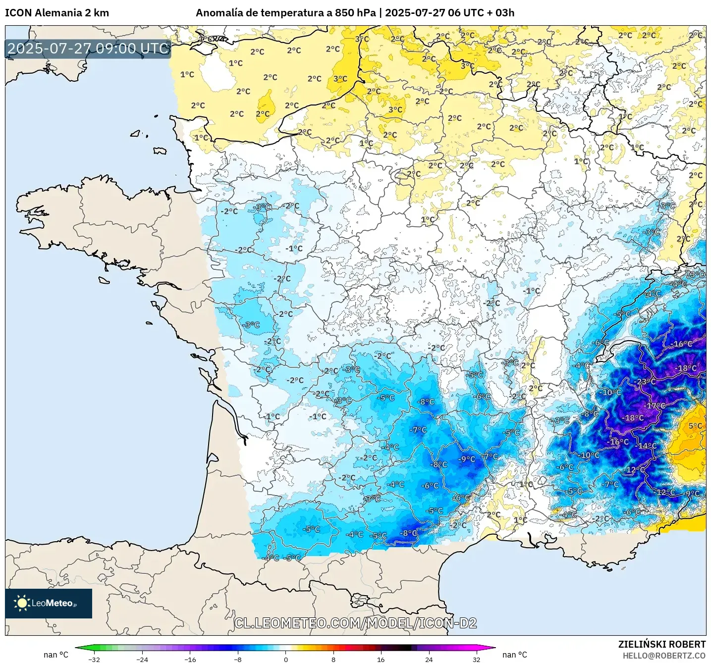 ICON Alemania 2 km model - Francia, Anomalía de temperatura a 850 hPa ICON Alemania 2 km model - Francia, Anomalía de temperatura a 850 hPa