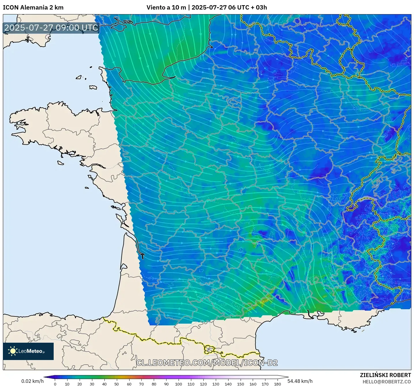 ICON Alemania 2 km model - Francia, Viento a 10 m ICON Alemania 2 km model - Francia, Viento a 10 m