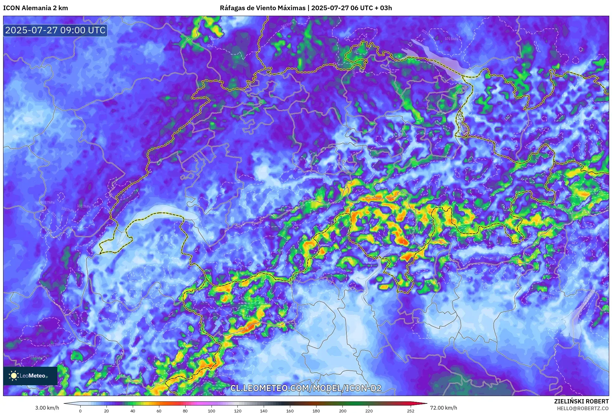 ICON Alemania 2 km model - Suiza, Ráfagas de Viento Máximas ICON Alemania 2 km model - Suiza, Ráfagas de Viento Máximas