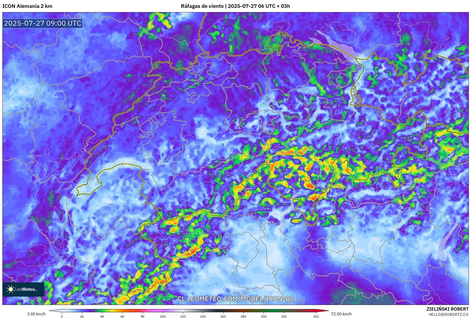 ICON Alemania 2 km model - Suiza, Ráfagas de viento ICON Alemania 2 km model - Suiza, Ráfagas de viento