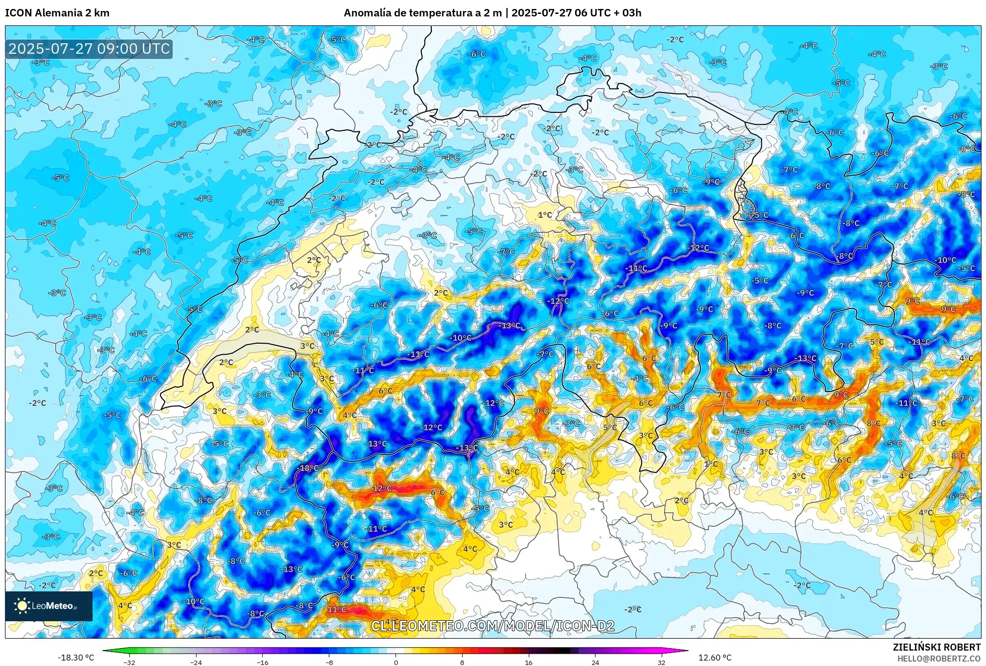 ICON Alemania 2 km model - Suiza, Anomalía de temperatura a 2 m ICON Alemania 2 km model - Suiza, Anomalía de temperatura a 2 m