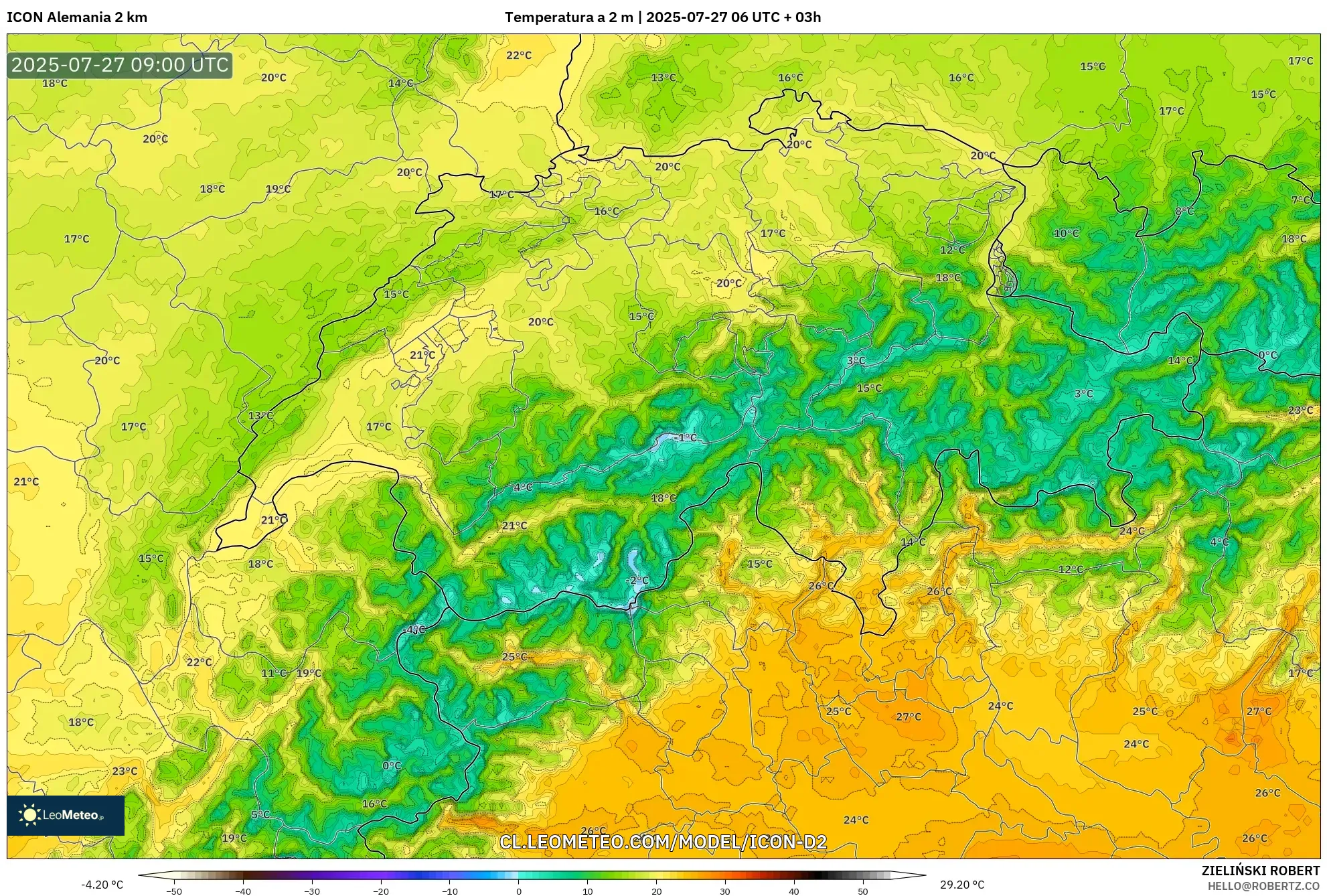 ICON Alemania 2 km model - Suiza, Temperatura a 2 m ICON Alemania 2 km model - Suiza, Temperatura a 2 m