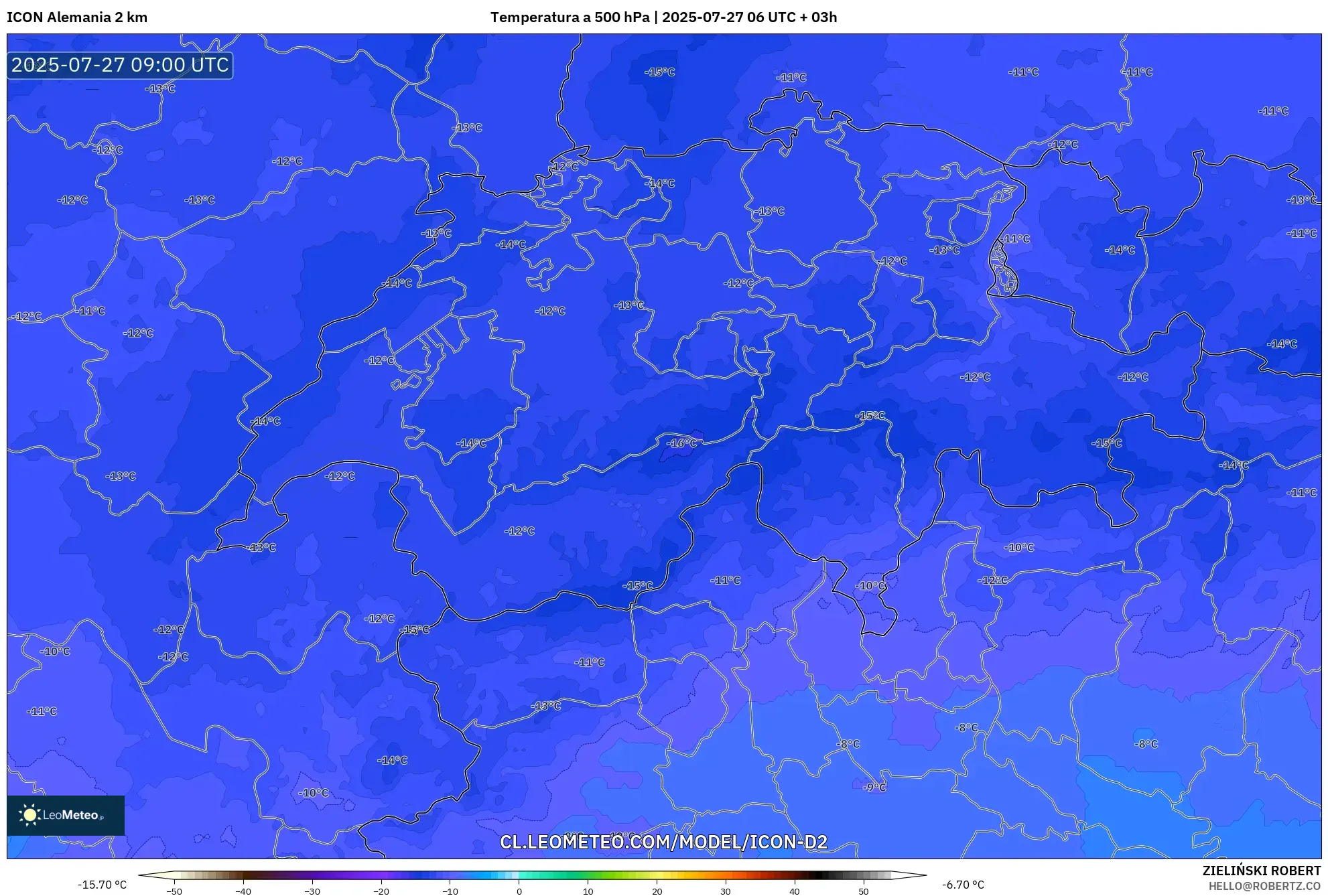 ICON Alemania 2 km model - Suiza, Temperatura a 500 hPa ICON Alemania 2 km model - Suiza, Temperatura a 500 hPa
