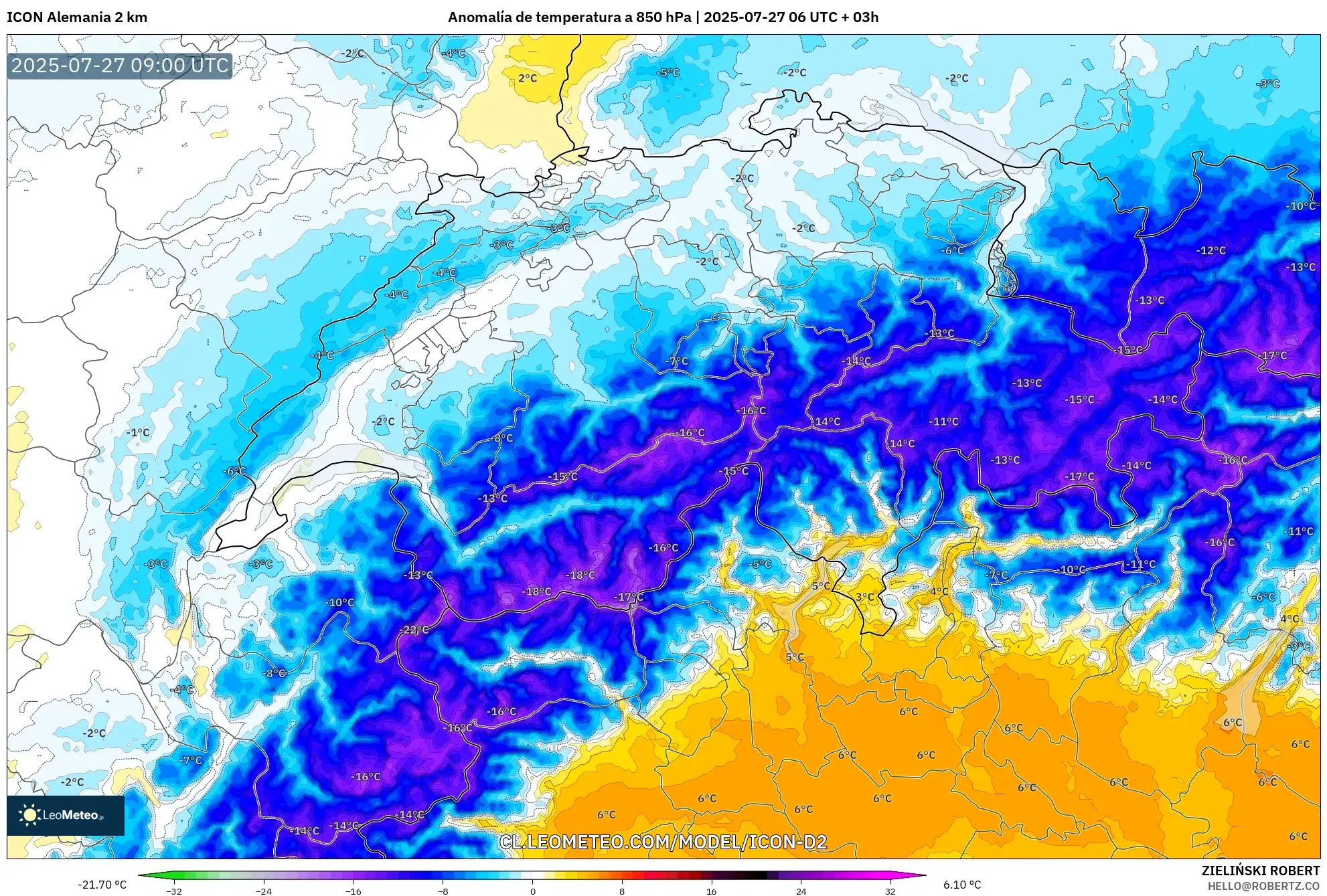 ICON Alemania 2 km model - Suiza, Anomalía de temperatura a 850 hPa ICON Alemania 2 km model - Suiza, Anomalía de temperatura a 850 hPa