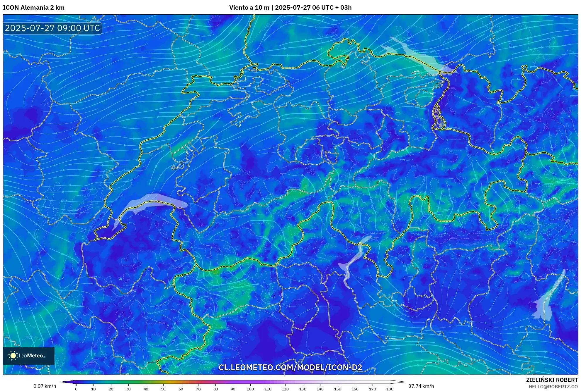 ICON Alemania 2 km model - Suiza, Viento a 10 m ICON Alemania 2 km model - Suiza, Viento a 10 m