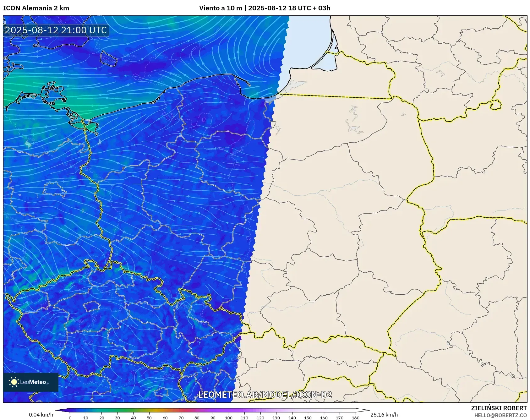 ICON Alemania 2 km model - Polonia, Viento a 10 m ICON Alemania 2 km model - Polonia, Viento a 10 m