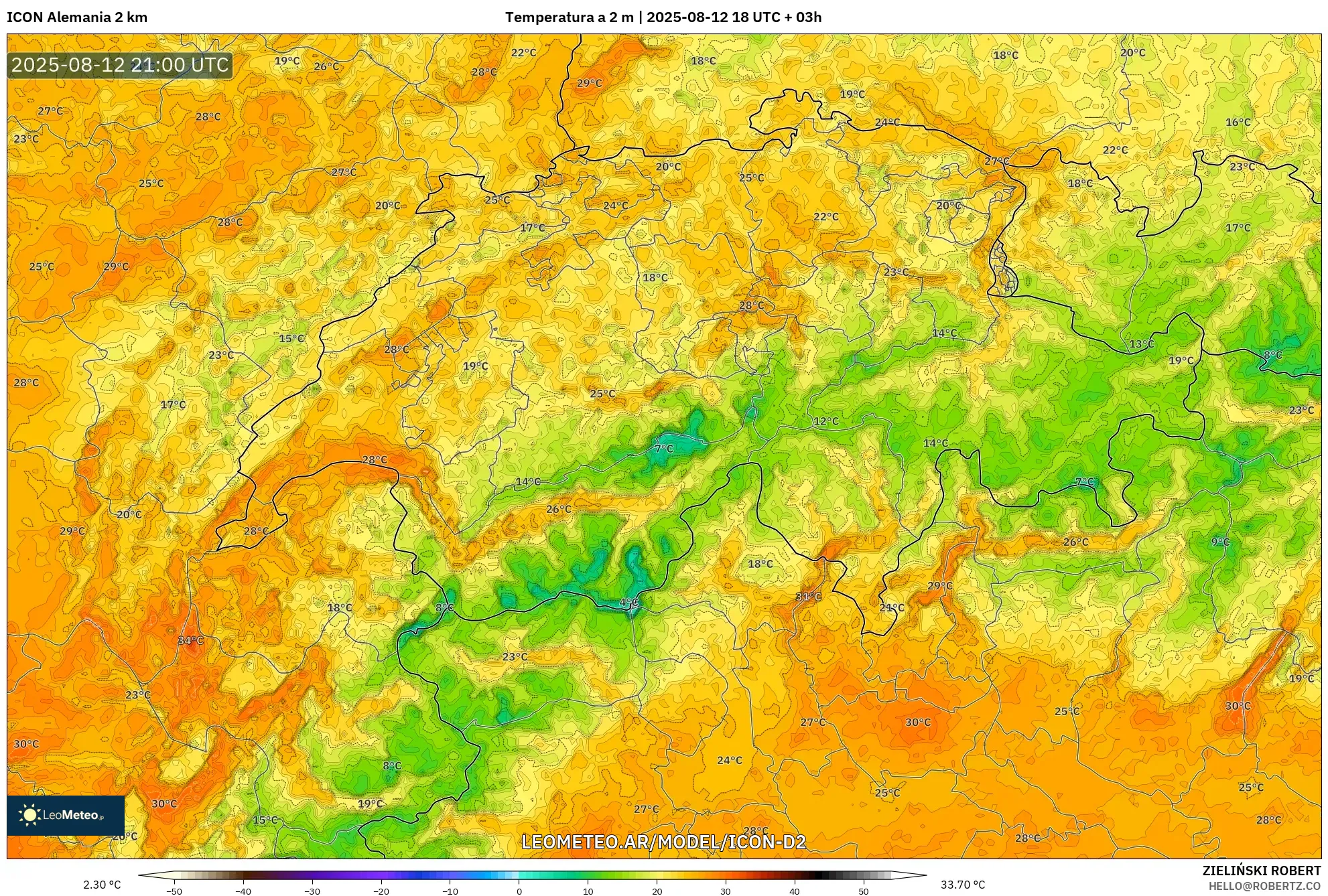ICON Alemania 2 km model - Suiza, Temperatura a 2 m ICON Alemania 2 km model - Suiza, Temperatura a 2 m