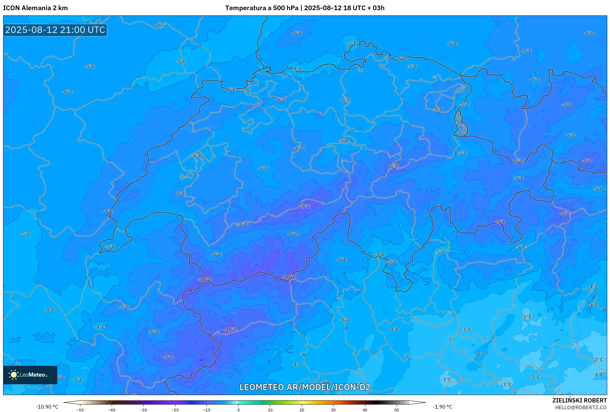 ICON Alemania 2 km model - Suiza, Temperatura a 500 hPa ICON Alemania 2 km model - Suiza, Temperatura a 500 hPa