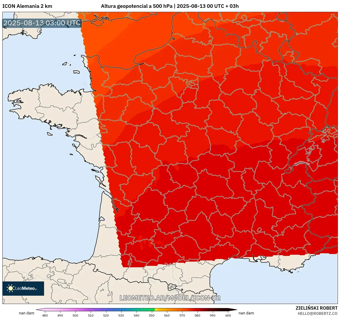 ICON Alemania 2 km model - Francia, Altura geopotencial a 500 hPa