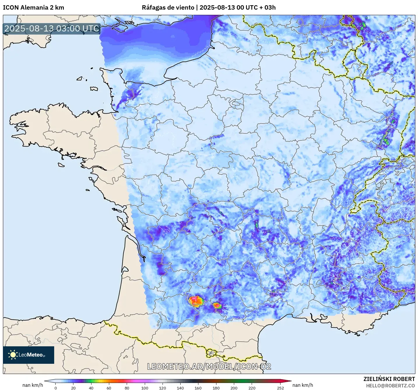 ICON Alemania 2 km model - Francia, Ráfagas de viento