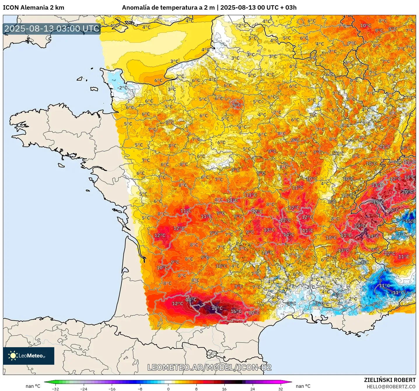 ICON Alemania 2 km model - Francia, Anomalía de temperatura a 2 m