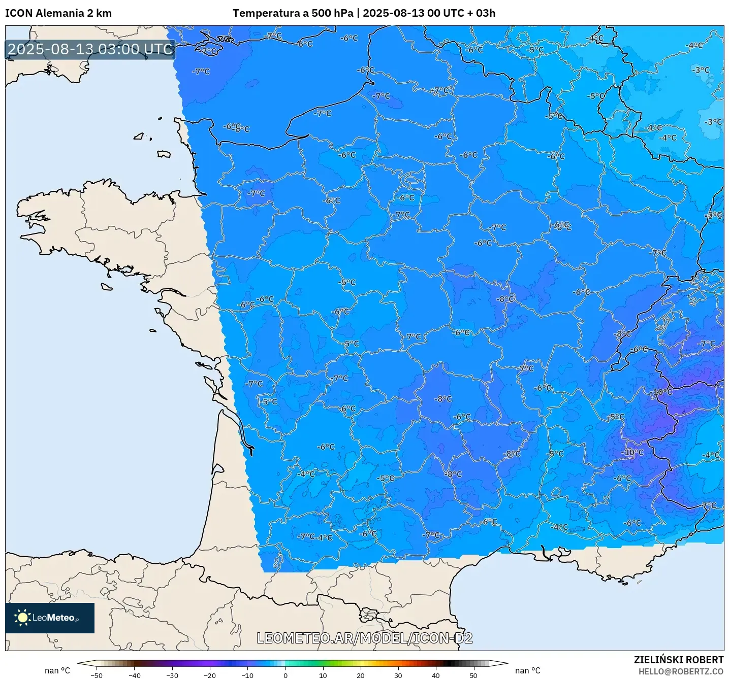 ICON Alemania 2 km model - Francia, Temperatura a 500 hPa