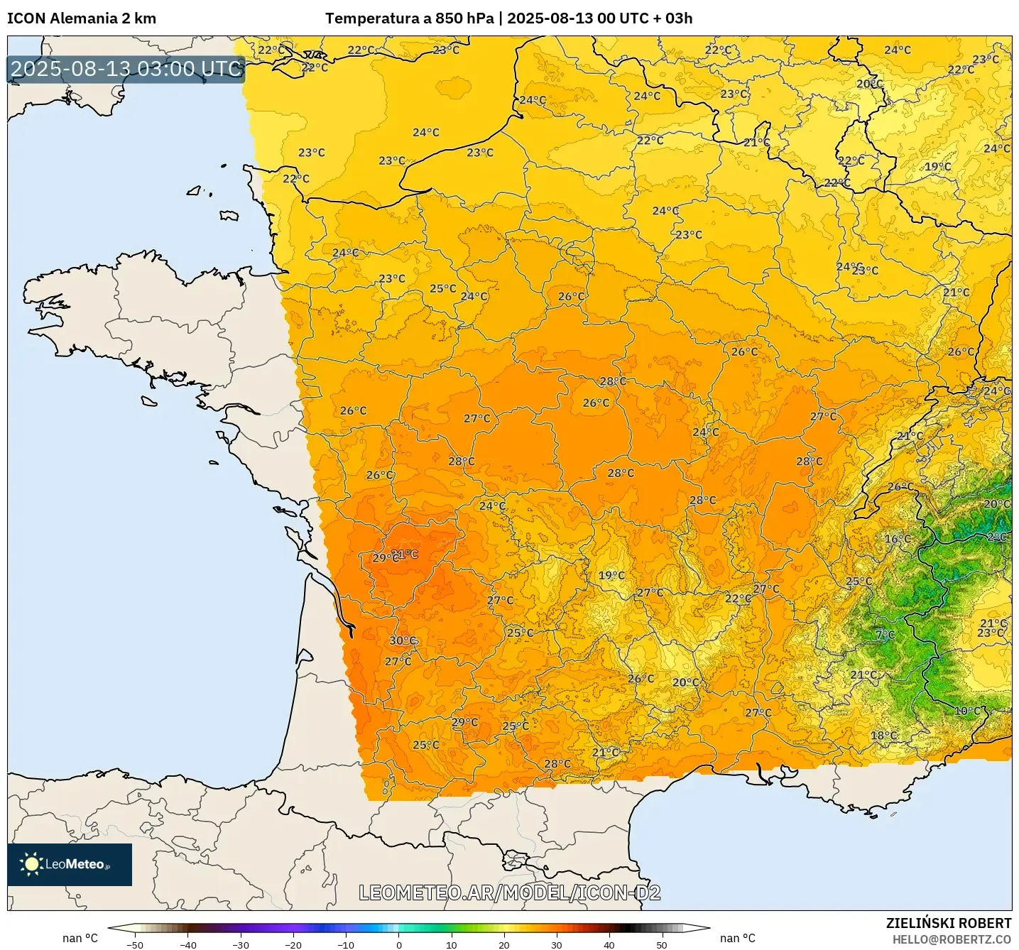 ICON Alemania 2 km model - Francia, Temperatura a 850 hPa
