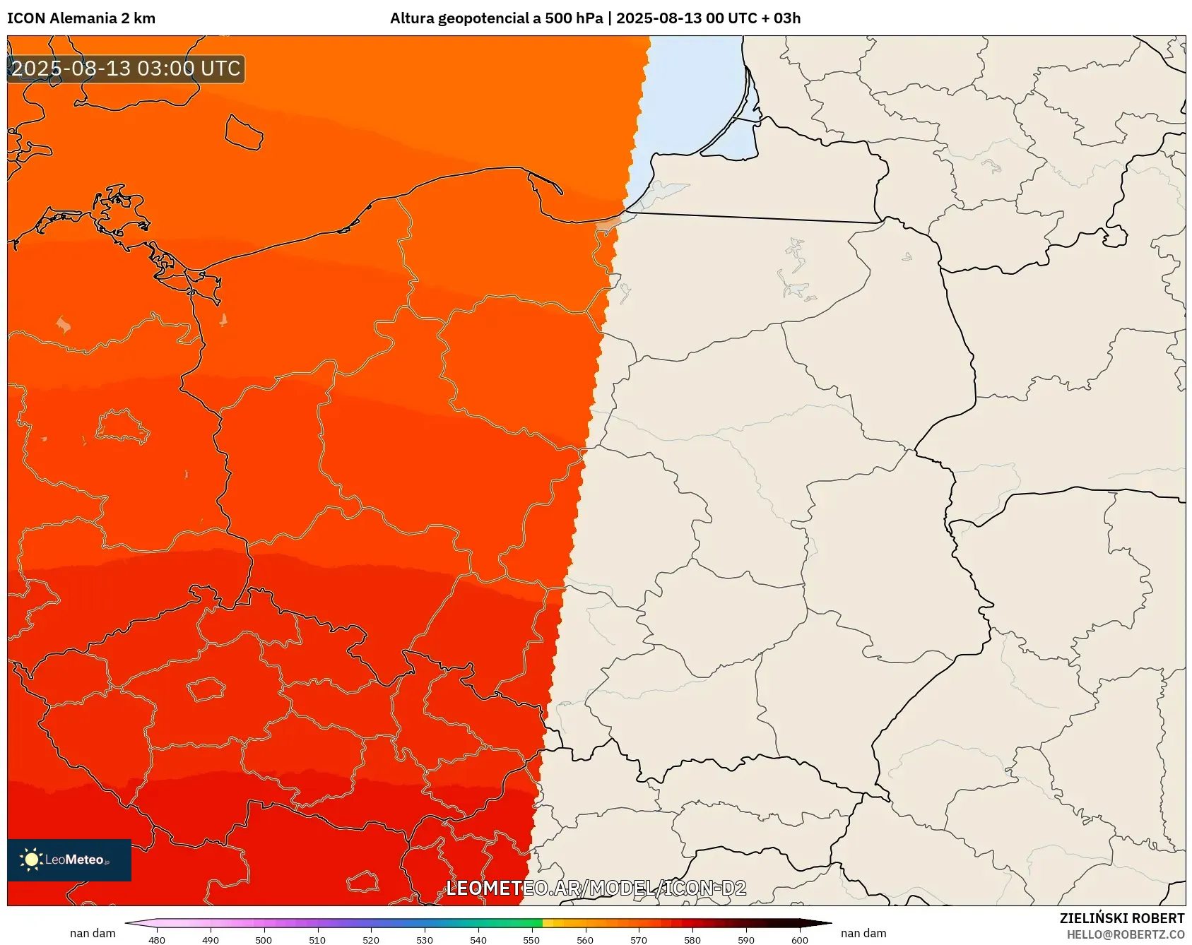 ICON Alemania 2 km model - Polonia, Altura geopotencial a 500 hPa