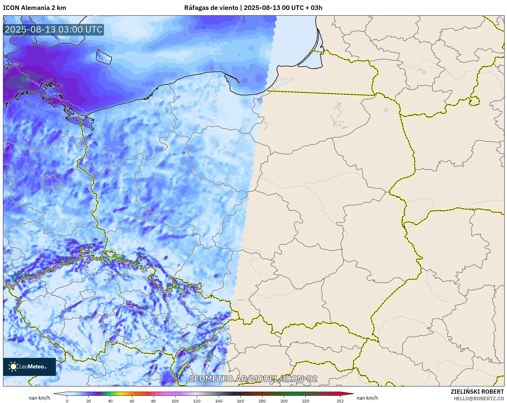 ICON Alemania 2 km model - Polonia, Ráfagas de viento