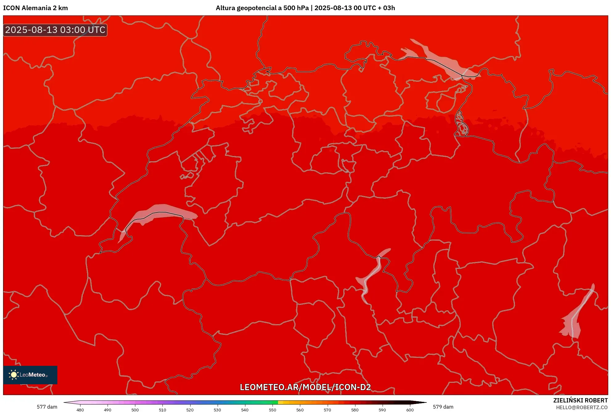 ICON Alemania 2 km model - Suiza, Altura geopotencial a 500 hPa ICON Alemania 2 km model - Suiza, Altura geopotencial a 500 hPa
