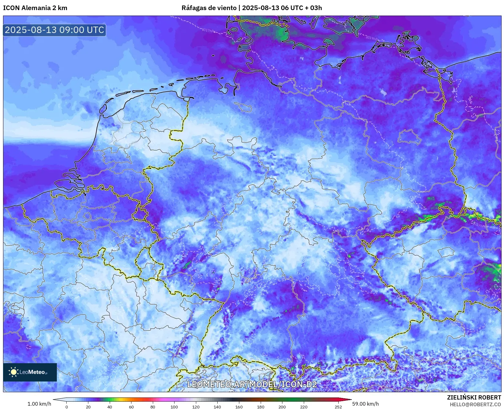 ICON Alemania 2 km model - Alemania, Ráfagas de viento ICON Alemania 2 km model - Alemania, Ráfagas de viento