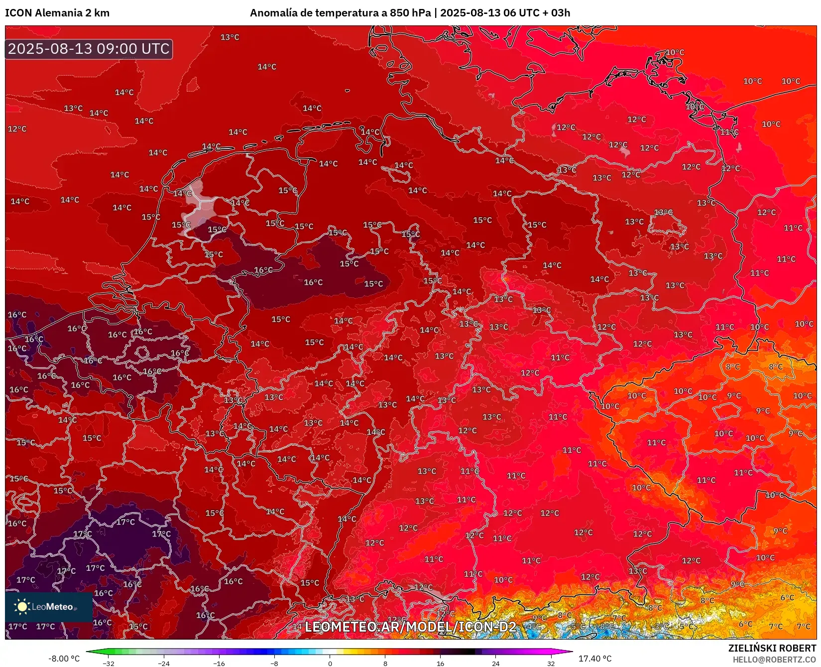 ICON Alemania 2 km model - Alemania, Anomalía de temperatura a 850 hPa ICON Alemania 2 km model - Alemania, Anomalía de temperatura a 850 hPa