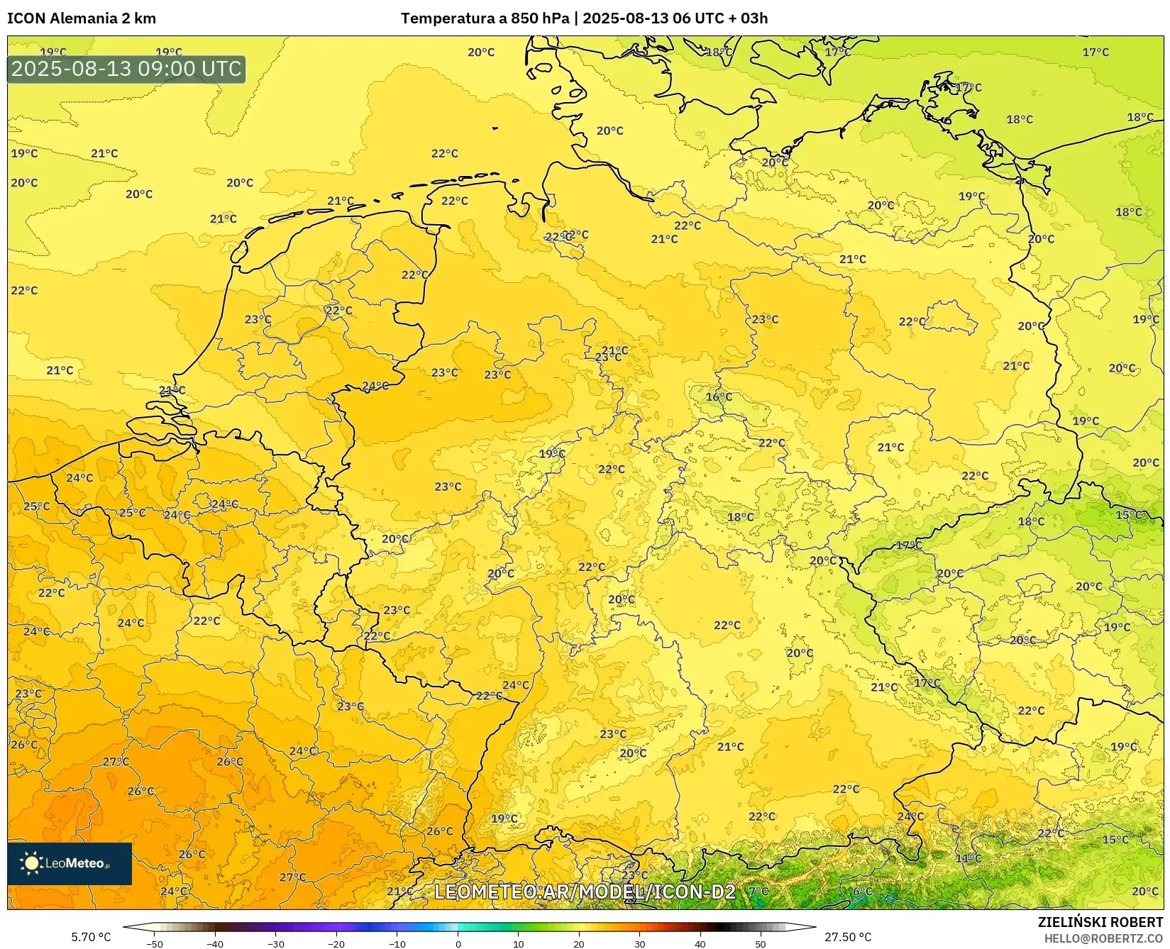 ICON Alemania 2 km model - Alemania, Temperatura a 850 hPa ICON Alemania 2 km model - Alemania, Temperatura a 850 hPa