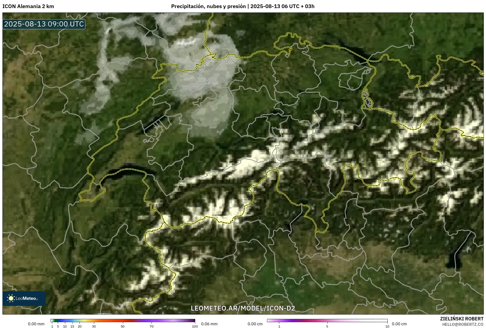 ICON Alemania 2 km model - Suiza, Precipitación, nubes y presión ICON Alemania 2 km model - Suiza, Precipitación, nubes y presión