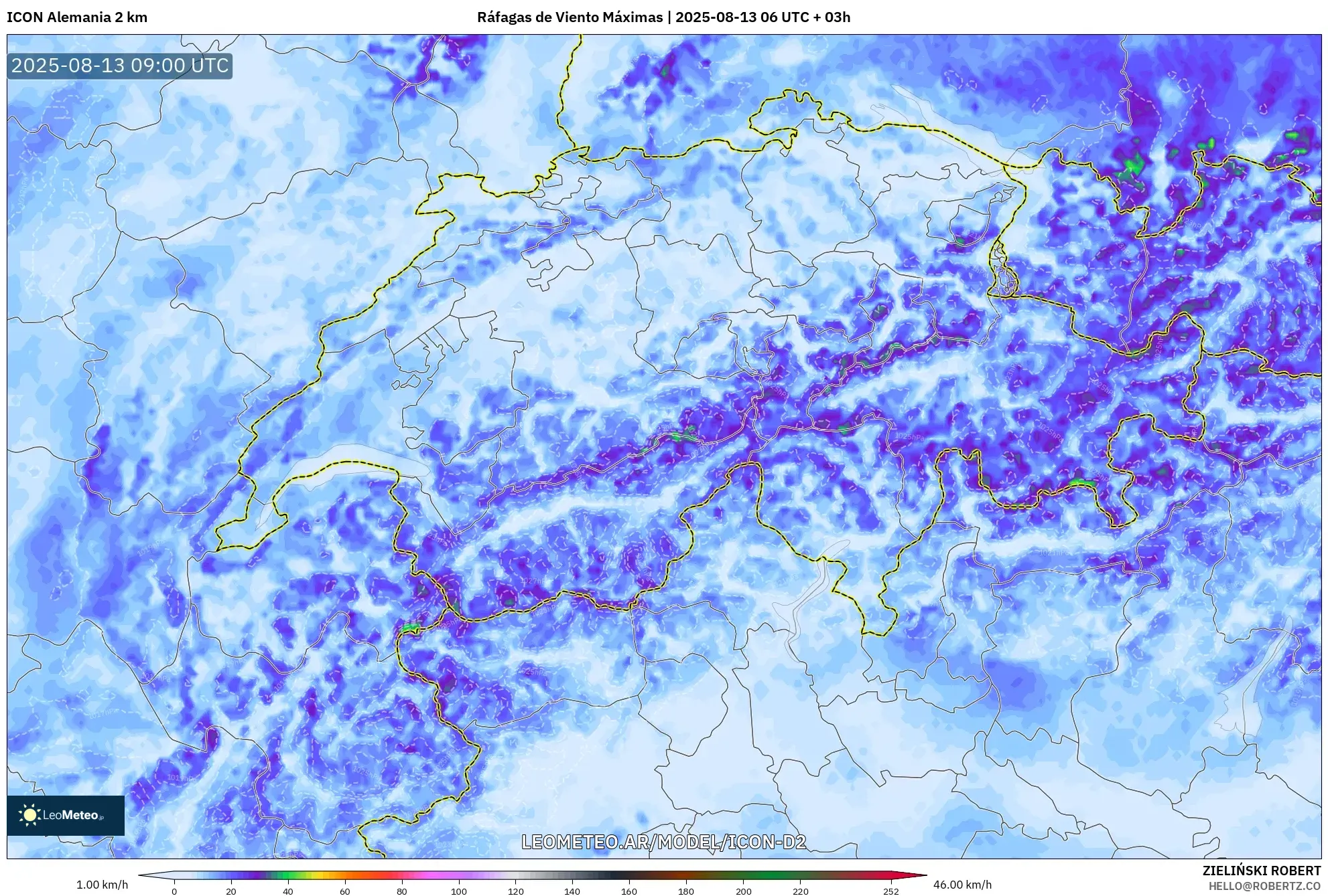 ICON Alemania 2 km model - Suiza, Ráfagas de Viento Máximas ICON Alemania 2 km model - Suiza, Ráfagas de Viento Máximas