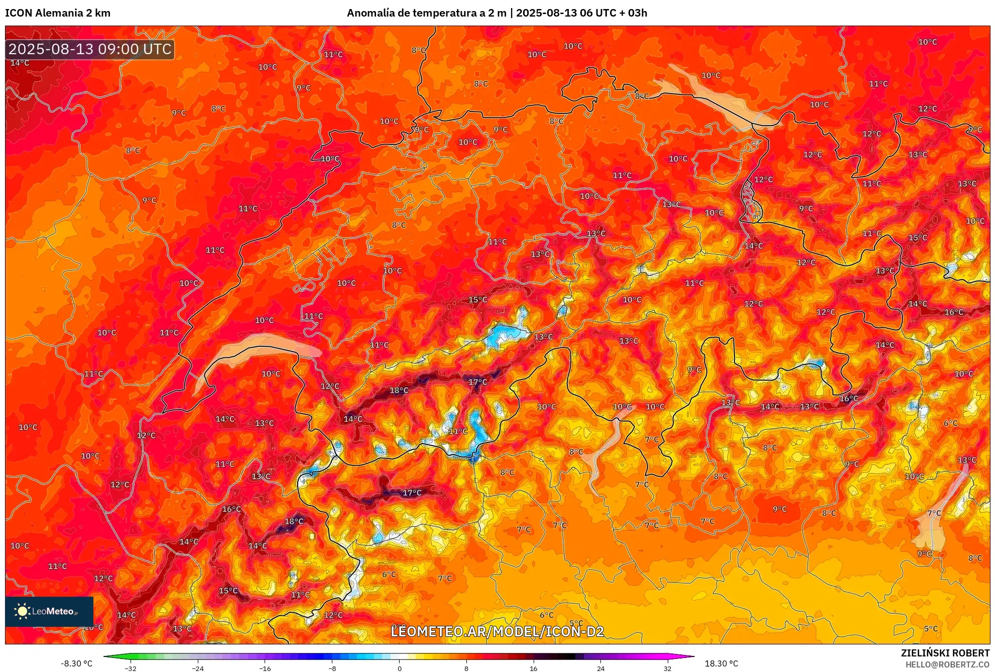 ICON Alemania 2 km model - Suiza, Anomalía de temperatura a 2 m