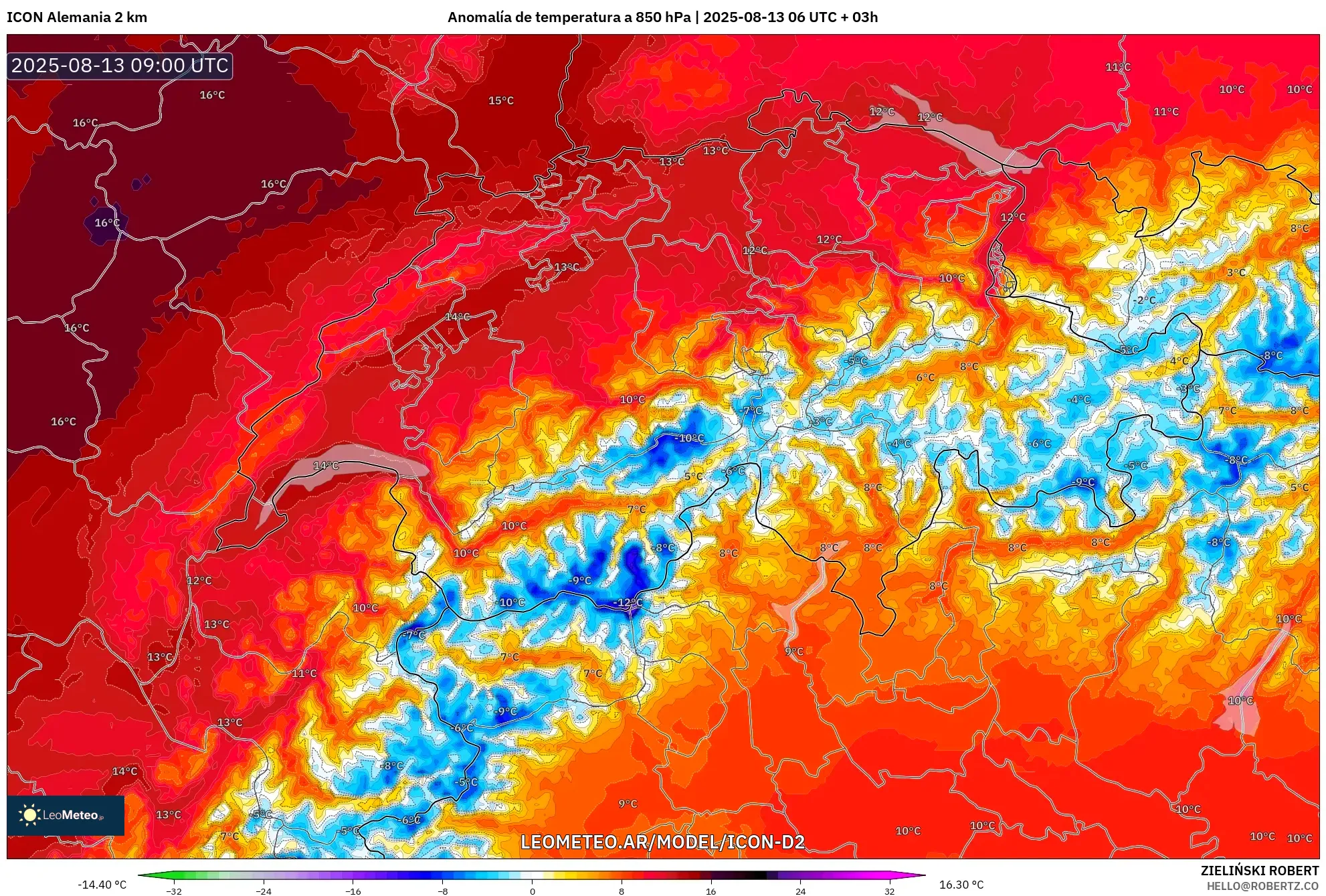 ICON Alemania 2 km model - Suiza, Anomalía de temperatura a 850 hPa ICON Alemania 2 km model - Suiza, Anomalía de temperatura a 850 hPa