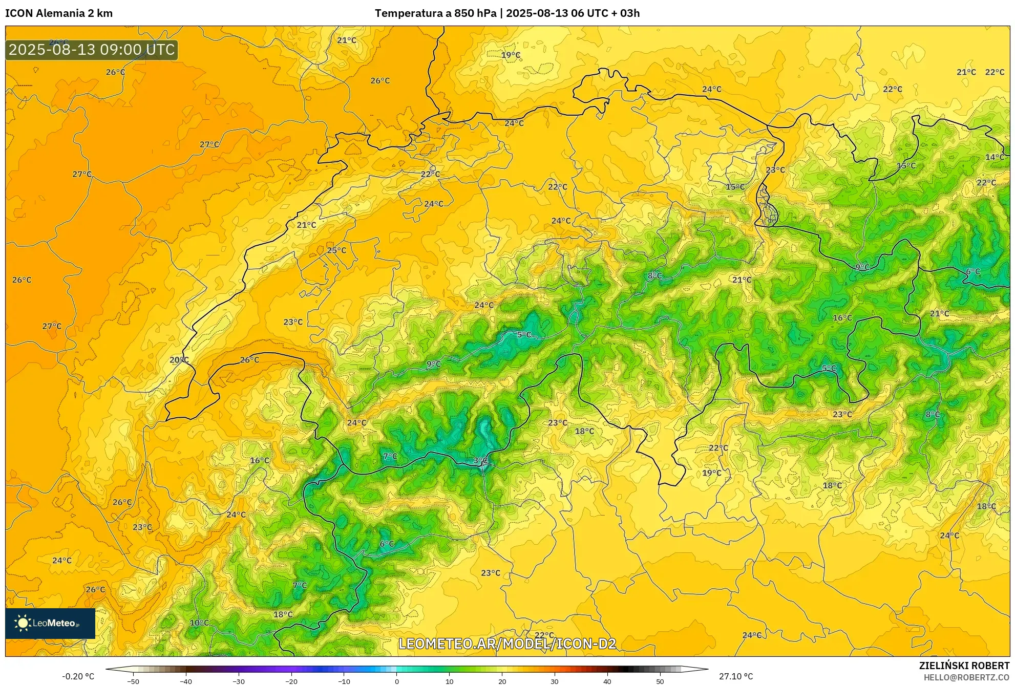 ICON Alemania 2 km model - Suiza, Temperatura a 850 hPa ICON Alemania 2 km model - Suiza, Temperatura a 850 hPa
