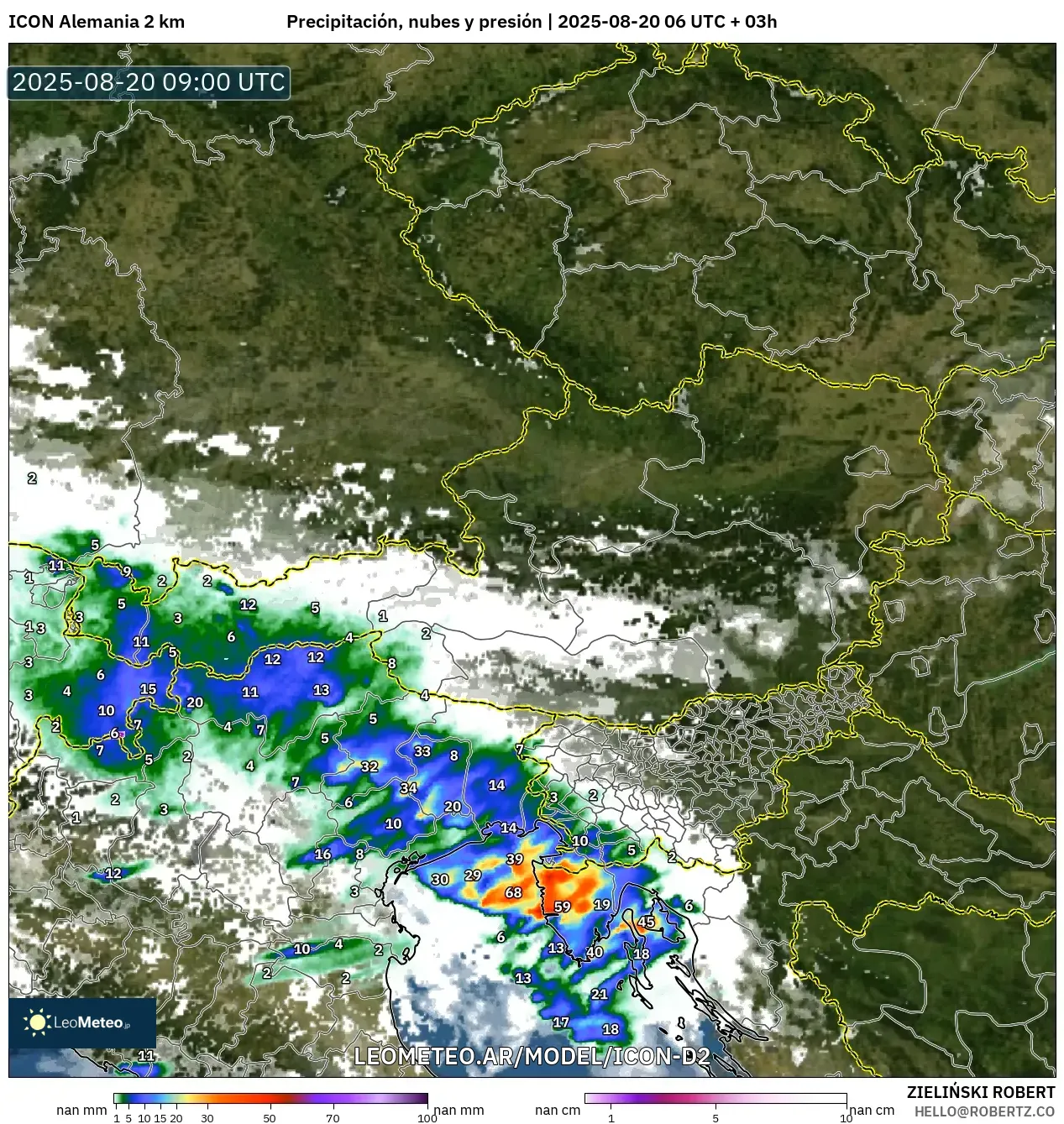 ICON Alemania 2 km model - Austria, Precipitación, nubes y presión