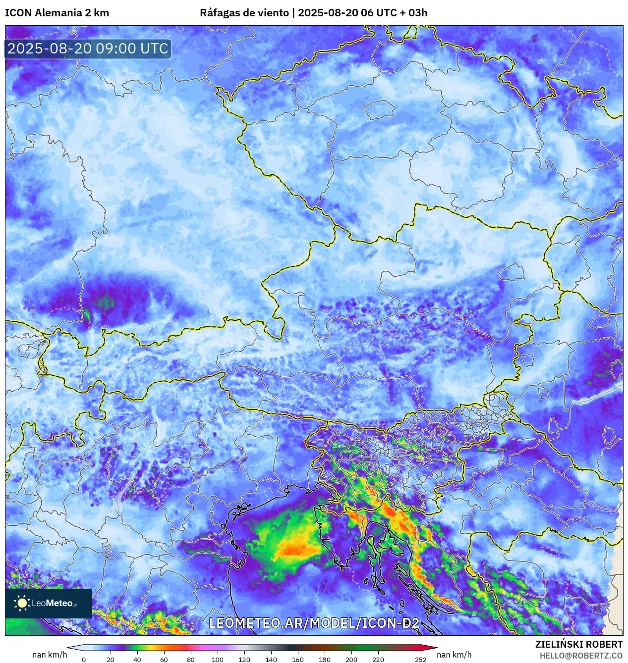 ICON Alemania 2 km model - Austria, Ráfagas de viento