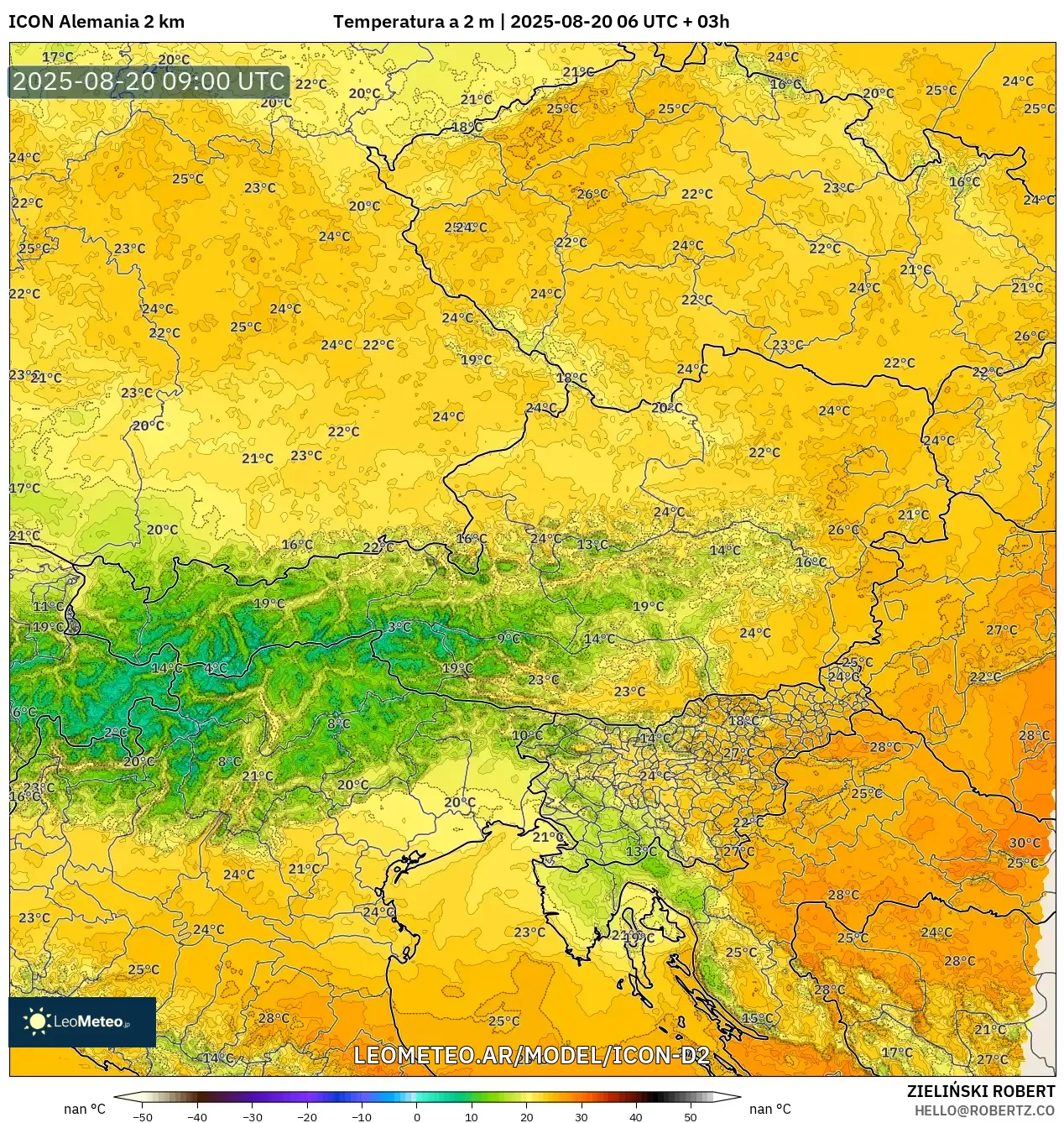 ICON Alemania 2 km model - Austria, Temperatura a 2 m