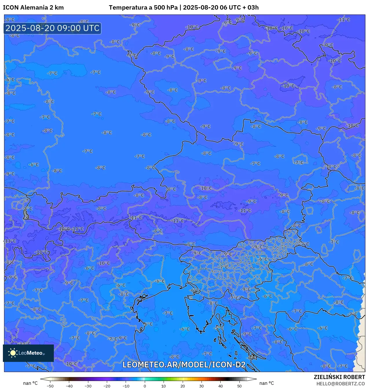 ICON Alemania 2 km model - Austria, Temperatura a 500 hPa