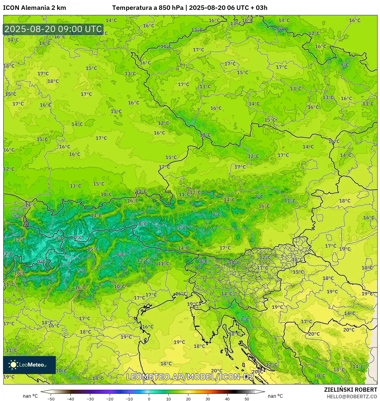 ICON Alemania 2 km model - Austria, Temperatura a 850 hPa