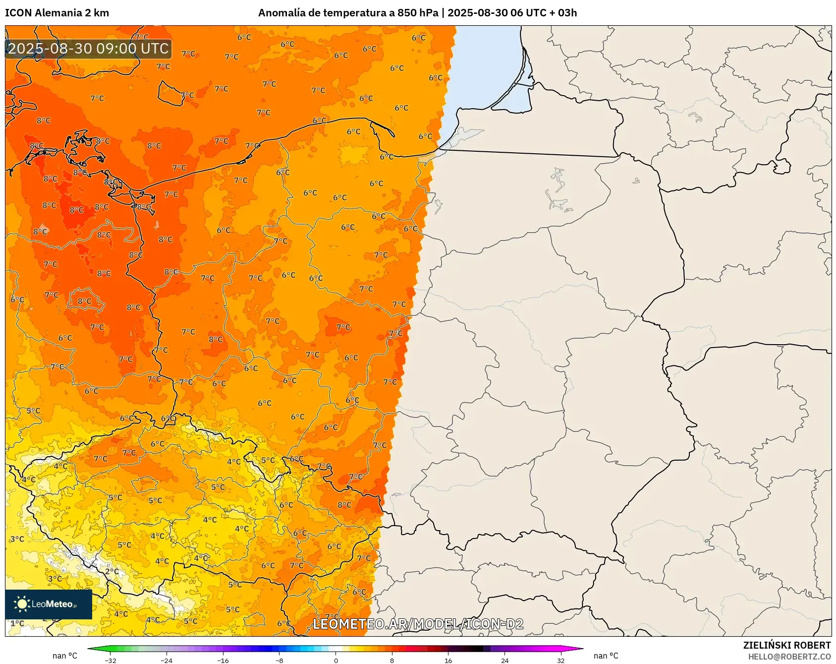 ICON Alemania 2 km model - Polonia, Anomalía de temperatura a 850 hPa ICON Alemania 2 km model - Polonia, Anomalía de temperatura a 850 hPa