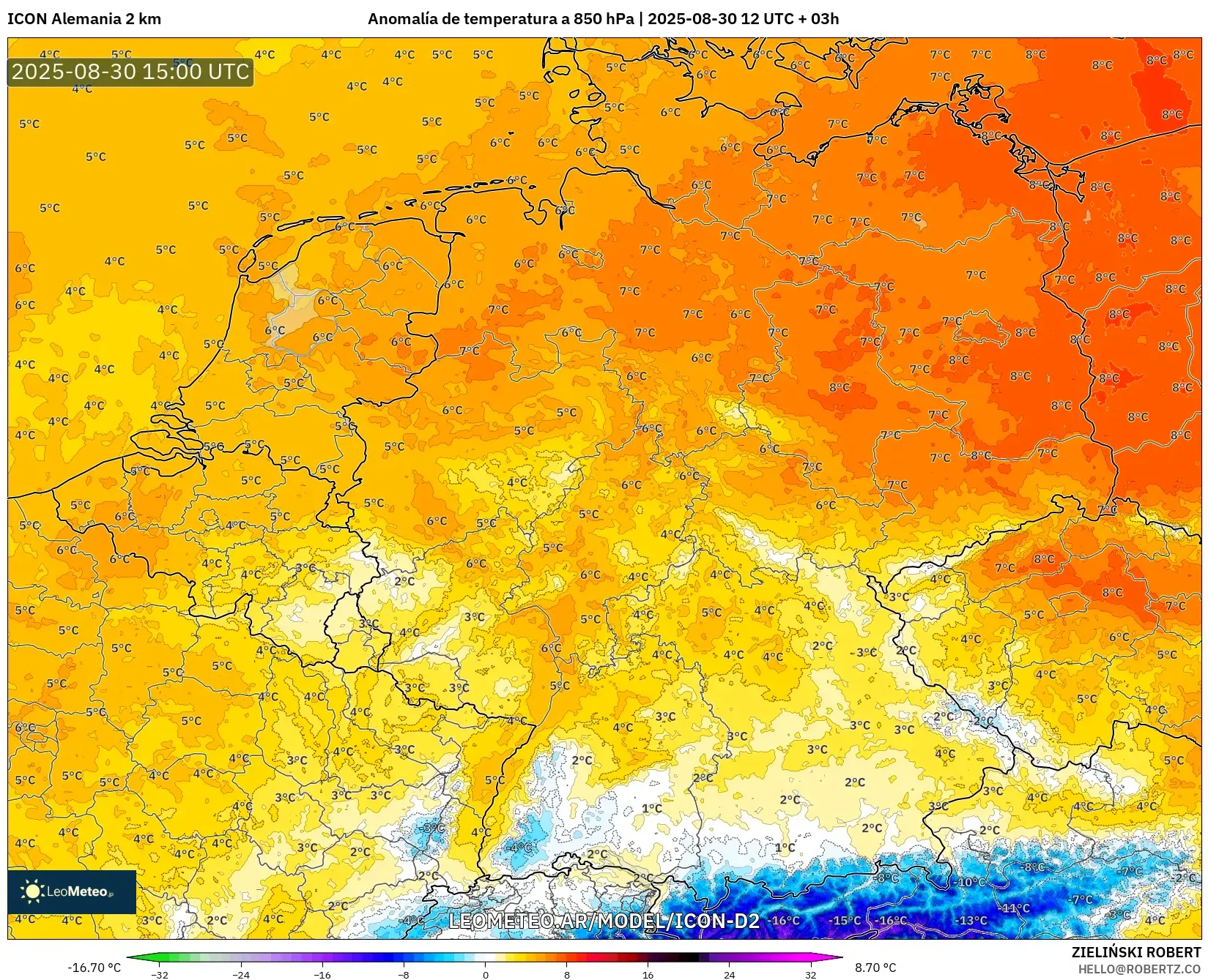 ICON Alemania 2 km model - Alemania, Anomalía de temperatura a 850 hPa ICON Alemania 2 km model - Alemania, Anomalía de temperatura a 850 hPa