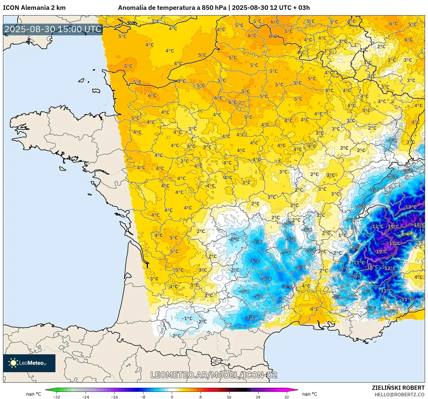 ICON Alemania 2 km model - Francia, Anomalía de temperatura a 850 hPa