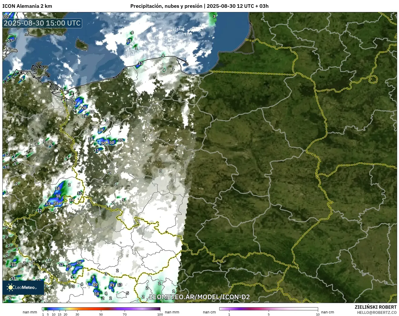 ICON Alemania 2 km model - Polonia, Precipitación, nubes y presión ICON Alemania 2 km model - Polonia, Precipitación, nubes y presión