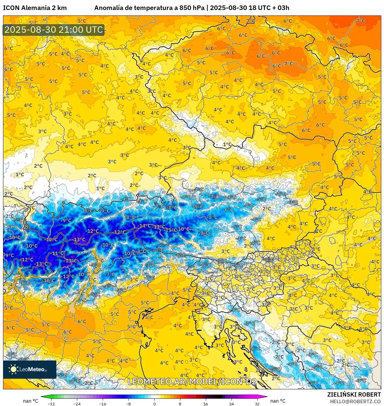 ICON Alemania 2 km model - Austria, Anomalía de temperatura a 850 hPa ICON Alemania 2 km model - Austria, Anomalía de temperatura a 850 hPa