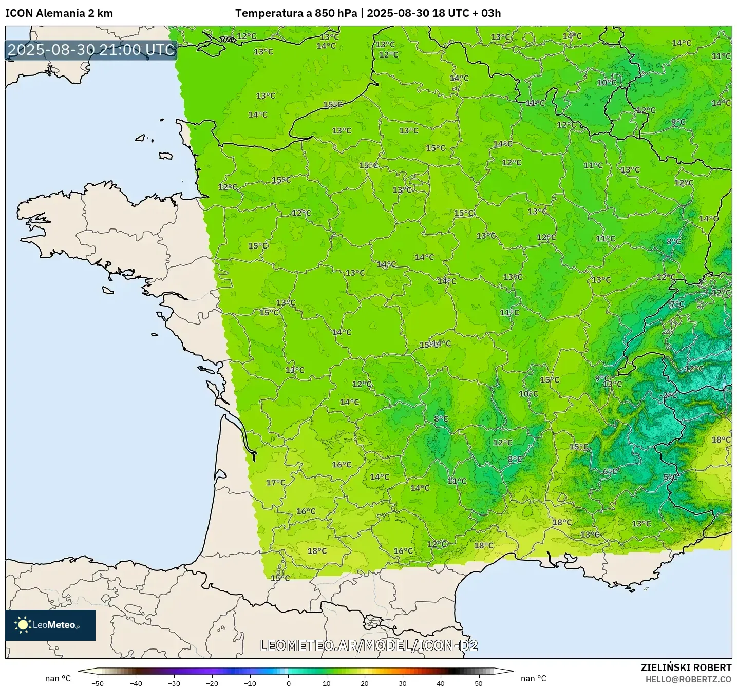 ICON Alemania 2 km model - Francia, Temperatura a 850 hPa ICON Alemania 2 km model - Francia, Temperatura a 850 hPa