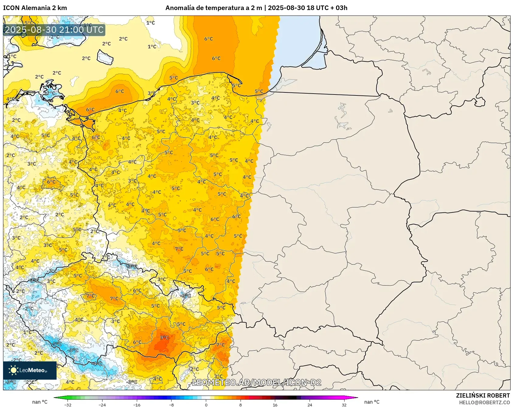 ICON Alemania 2 km model - Polonia, Anomalía de temperatura a 2 m ICON Alemania 2 km model - Polonia, Anomalía de temperatura a 2 m