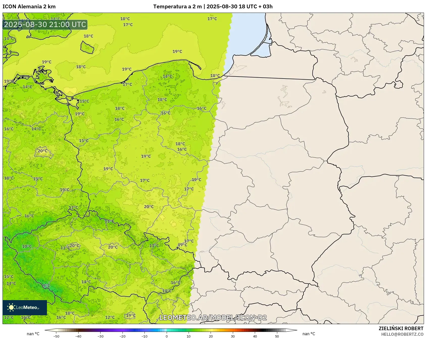 ICON Alemania 2 km model - Polonia, Temperatura a 2 m ICON Alemania 2 km model - Polonia, Temperatura a 2 m