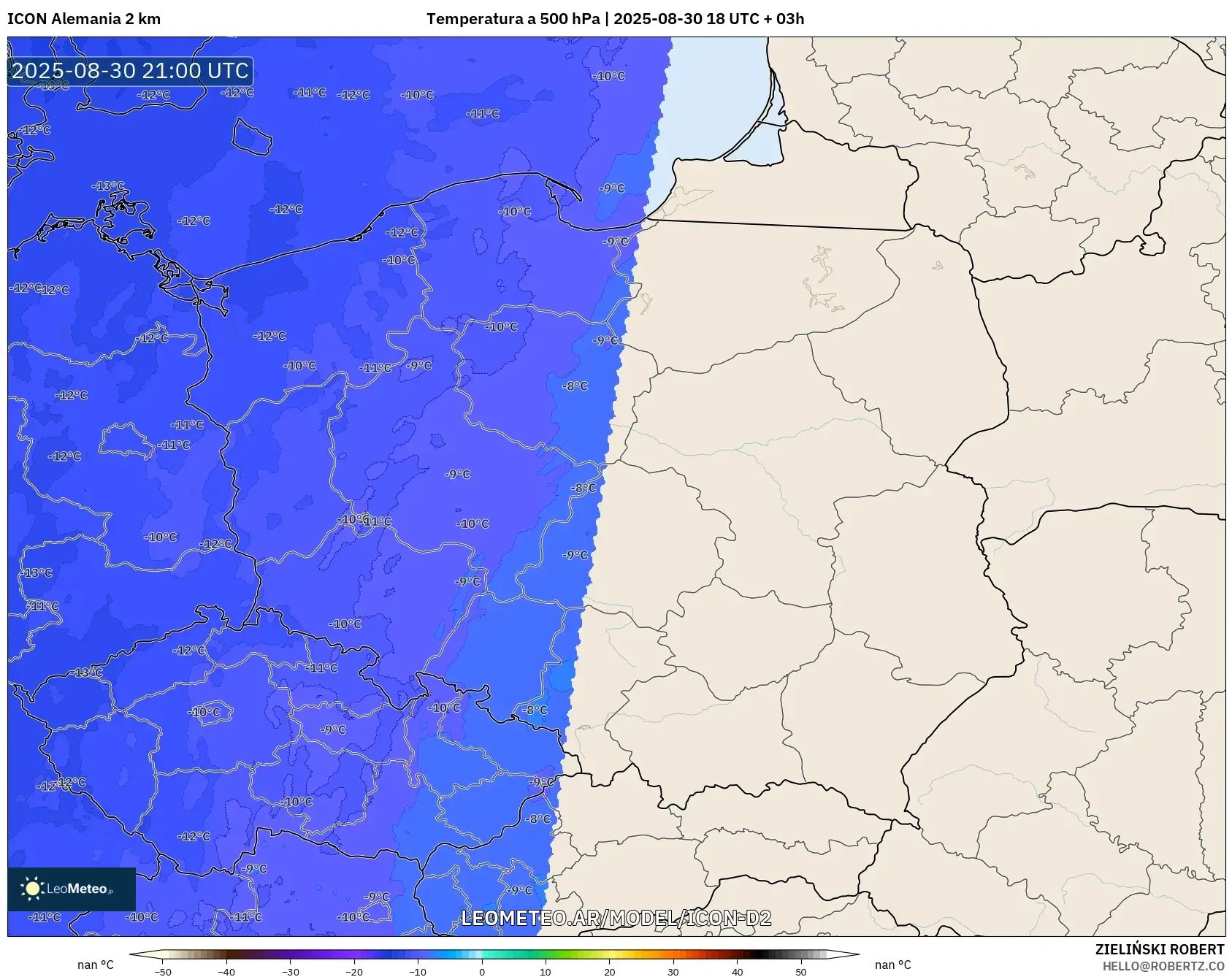 ICON Alemania 2 km model - Polonia, Temperatura a 500 hPa ICON Alemania 2 km model - Polonia, Temperatura a 500 hPa