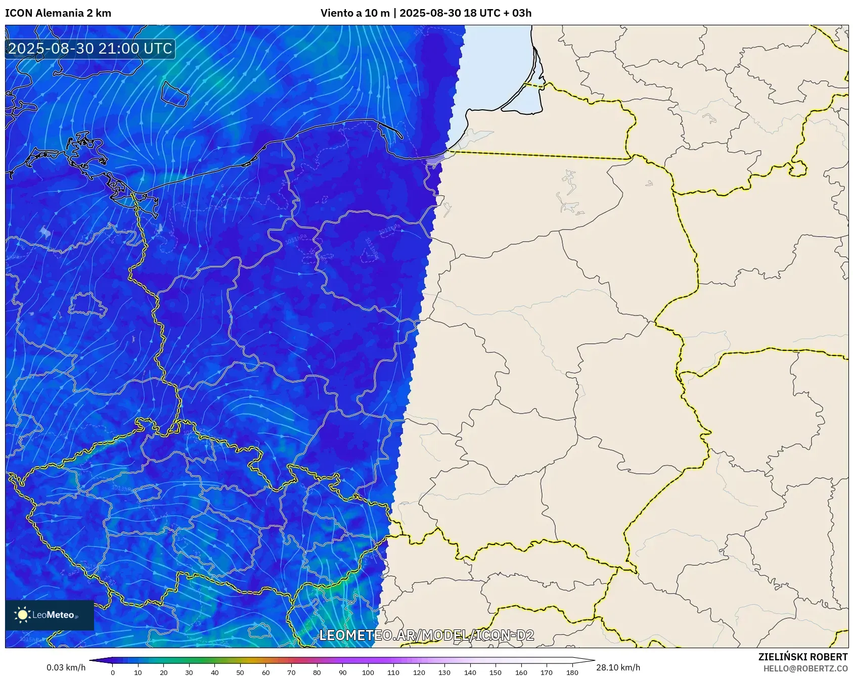 ICON Alemania 2 km model - Polonia, Viento a 10 m ICON Alemania 2 km model - Polonia, Viento a 10 m